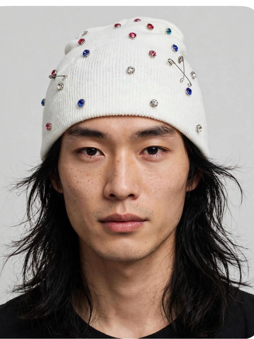 White Knit Beanie with Multicolor Crystal Embellishments - Unisex